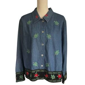 Vintage Denim Christmas Flower embroidered trim button shirt.